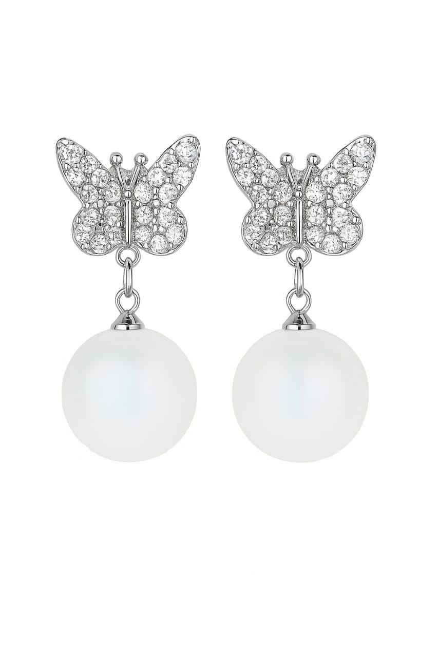 Sparkling Butterfly Pearl Drop Earrings